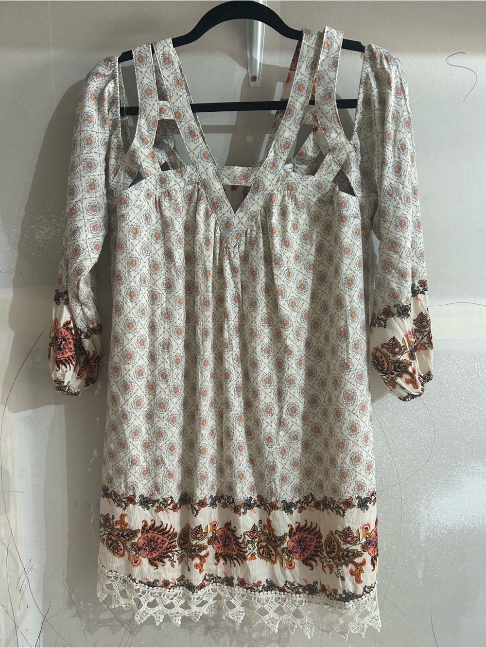 Buckle Cream Boho Floral Long-Sleeve Lace-Trim Dress